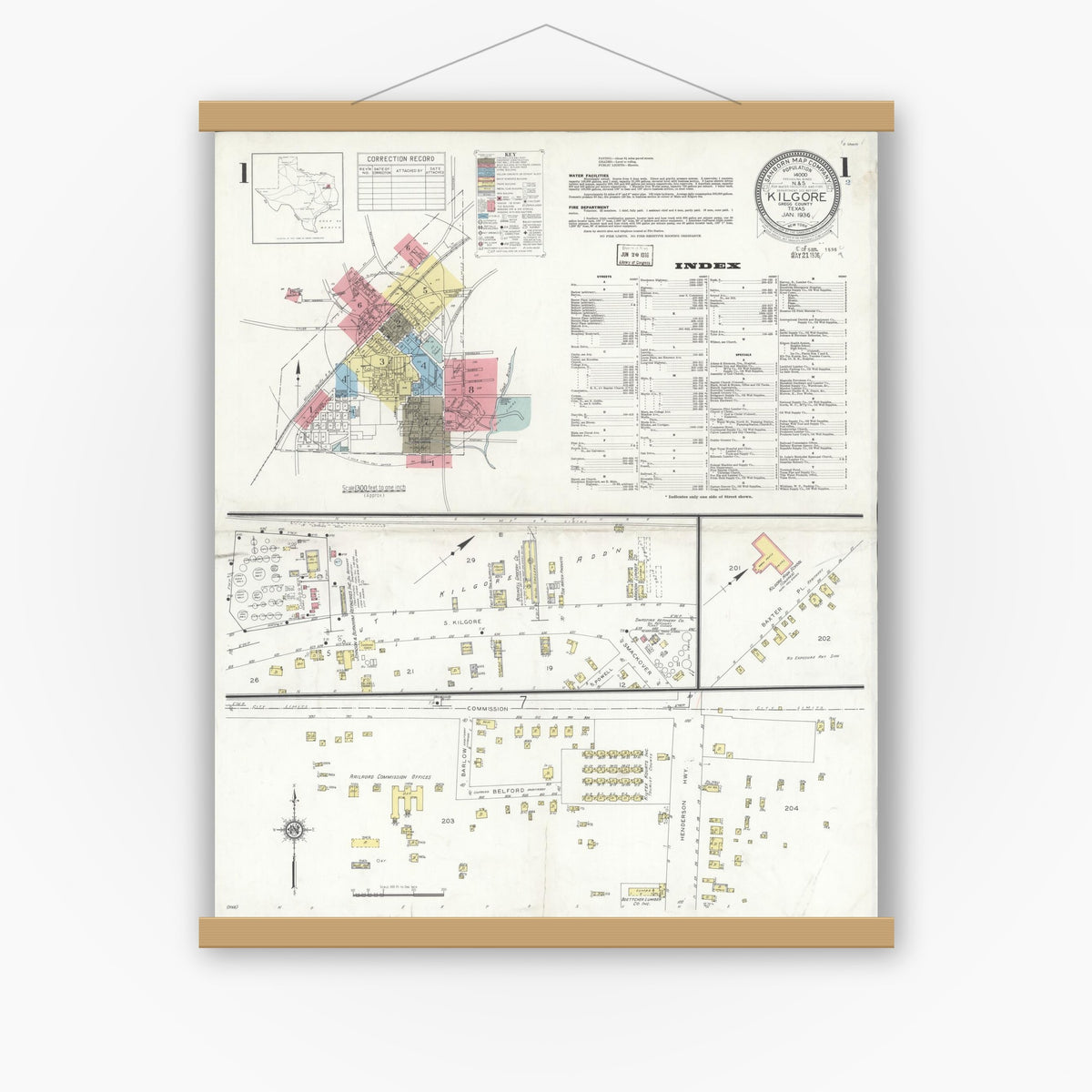 Old map wall art mockup — magnetic wood frame on white wall — Sanborn Fire Insurance Map from Kilgore, Gregg County, Texas (1936), Sheet #0001
