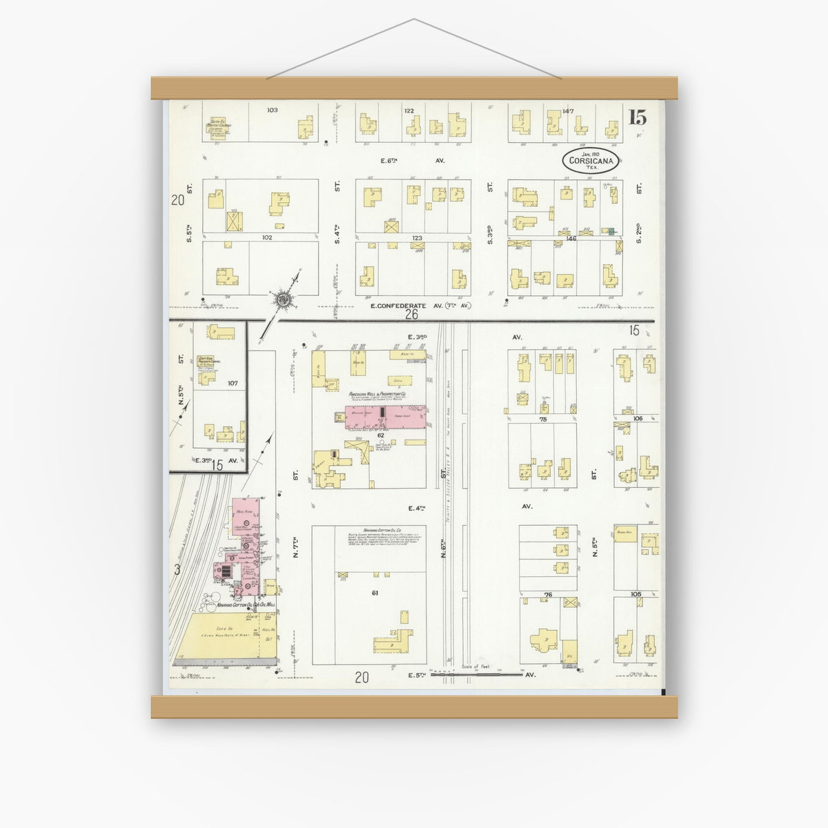 Old map wall art mockup — magnetic wood frame on white wall — Sanborn Map from Corsicana, Navarro County, Texas (1910), Sheet #0015