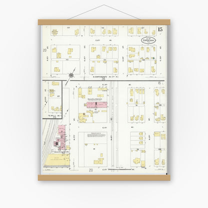 Old map wall art mockup — magnetic wood frame on white wall — Sanborn Map from Corsicana, Navarro County, Texas (1910), Sheet #0015