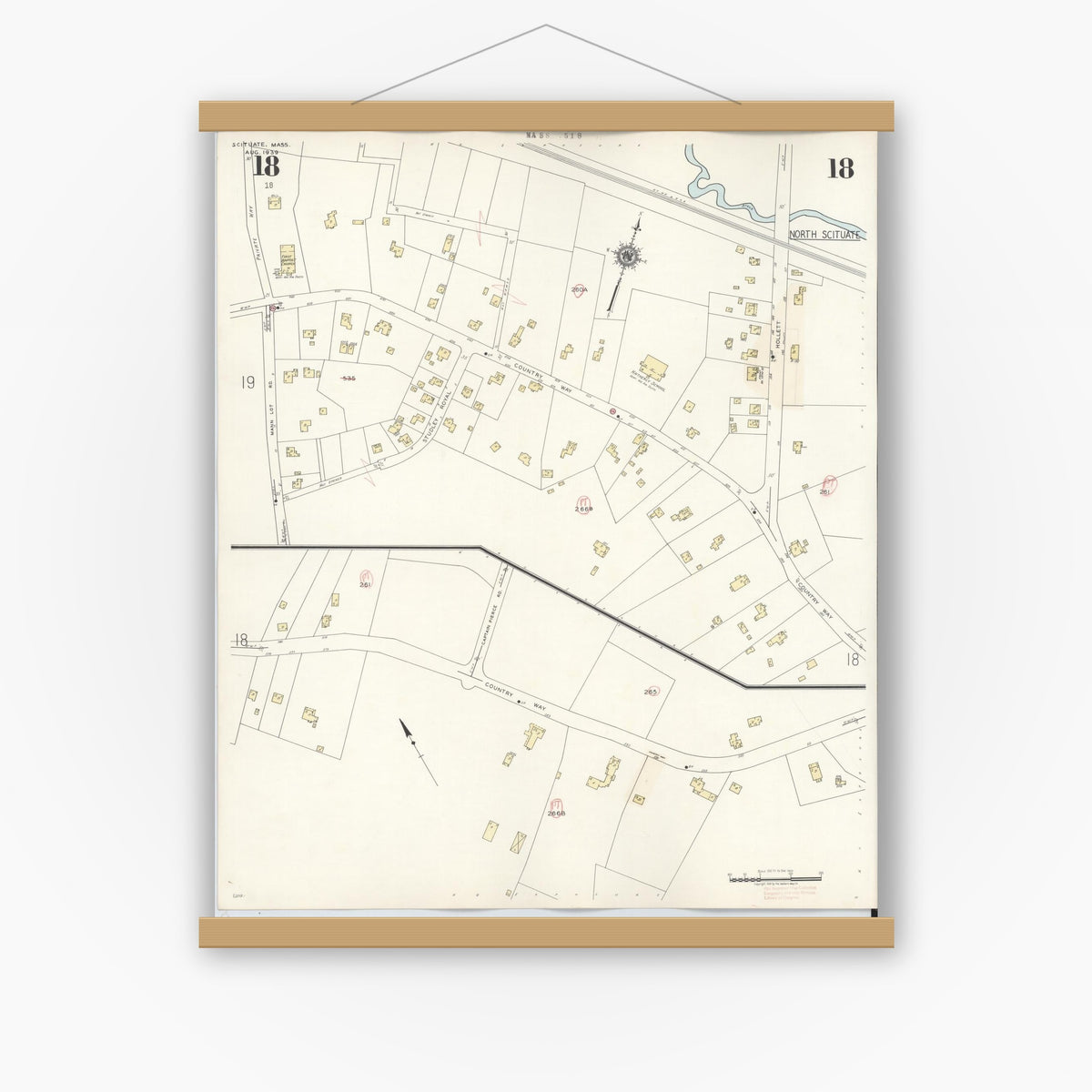 Old map wall art mockup — magnetic wood frame on white wall — Sanborn Fire Insurance Map from Scituate, Plymouth County, Massachusetts (1944), Sheet #0018