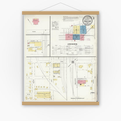 Old map wall art mockup — magnetic wood frame on white wall — Sanborn Fire Insurance Map from Eagle Lake, Colorado County, Texas (1912), Sheet #0001