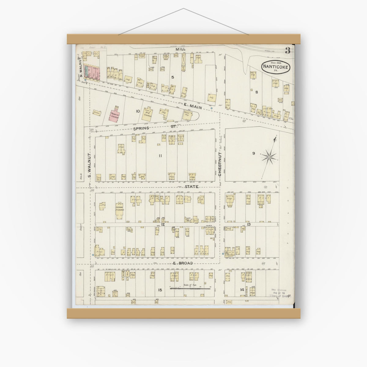 Old map wall art mockup — magnetic wood frame on white wall — Sanborn Fire Insurance Map from Nanticoke, Luzerne County, Pennsylvania (1888), Sheet #0003