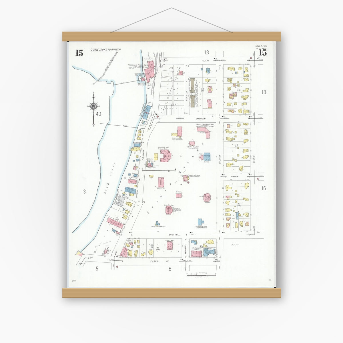 Old map wall art mockup — magnetic wood frame on white wall — Sanborn Fire Insurance Map from Beloit, Rock County, Wisconsin (1939), Sheet #0015