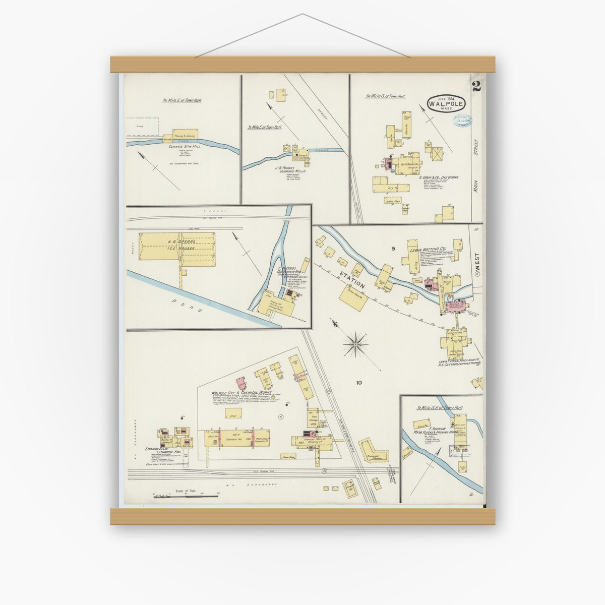 Old map wall art mockup — magnetic wood frame on white wall — Sanborn Fire Insurance Map from Walpole, Norfolk County, Massachusetts (1894), Sheet #0002