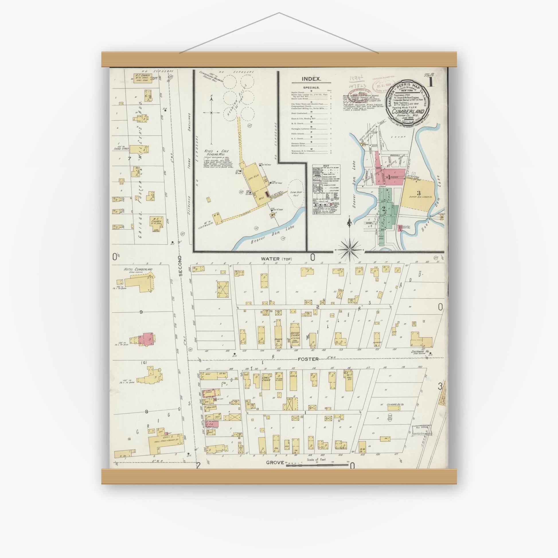 Old map wall art mockup — magnetic wood frame on white wall — Sanborn Fire Insurance Map from Cumberland, Barron County, Wisconsin (1899) - Complete Map Set