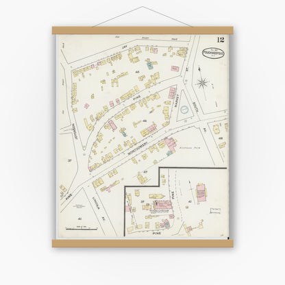 Old map wall art mockup — magnetic wood frame on white wall — Sanborn Fire Insurance Map from Poughkeepsie, Dutchess County, New York (1887), Sheet #0012