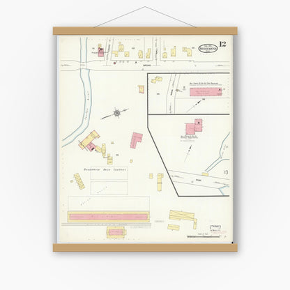 Old map wall art mockup — magnetic wood frame on white wall — Sanborn Fire Insurance Map from Bridgewater, Plymouth County, Massachusetts (1912), Sheet #0012