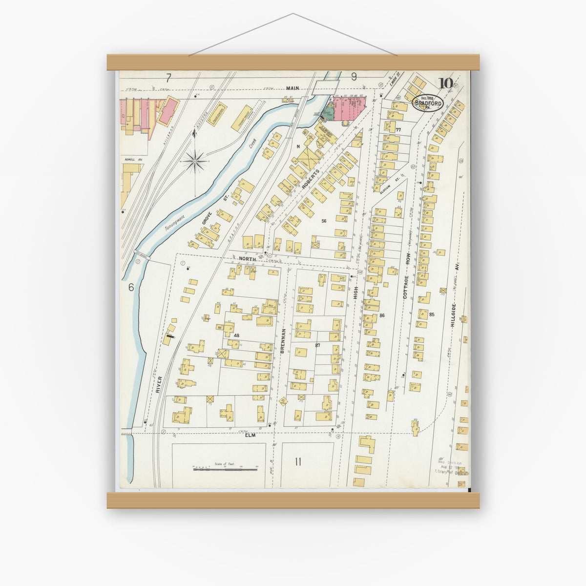 Old map wall art mockup — magnetic wood frame on white wall — Sanborn Fire Insurance Map from Bradford, McKean County, Pennsylvania (1899), Sheet #0010