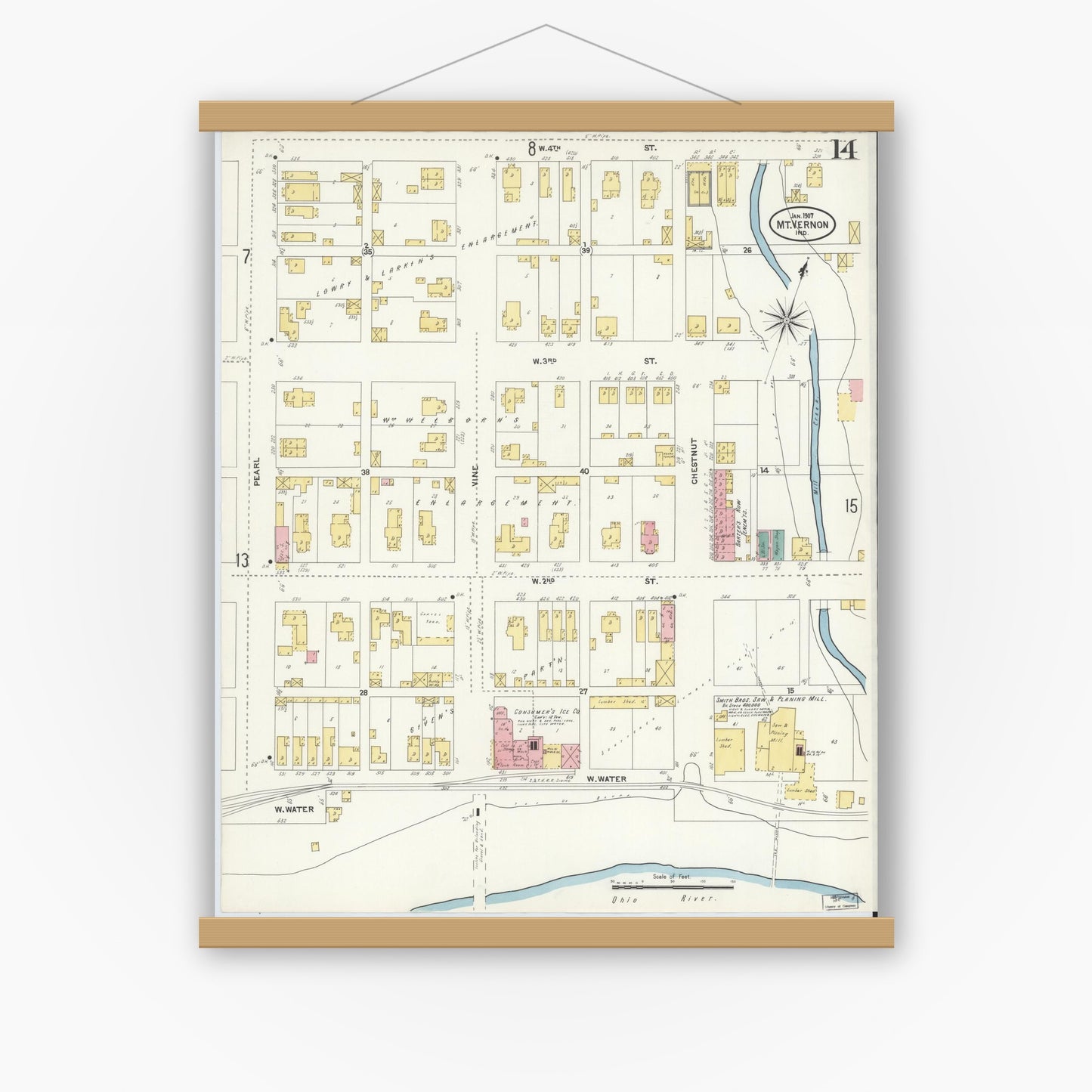 Old map wall art mockup — magnetic wood frame on white wall — Sanborn Fire Insurance Map from Mount Vernon, Posey County, Indiana (1907), Sheet #0014