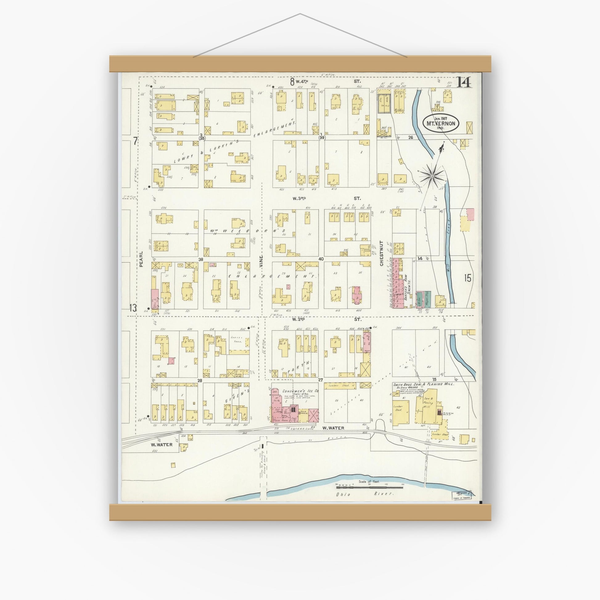 Old map wall art mockup — magnetic wood frame on white wall — Sanborn Fire Insurance Map from Mount Vernon, Posey County, Indiana (1907), Sheet #0014