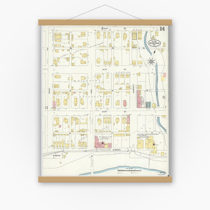 Old map wall art mockup — magnetic wood frame on white wall — Sanborn Fire Insurance Map from Mount Vernon, Posey County, Indiana (1907), Sheet #0014