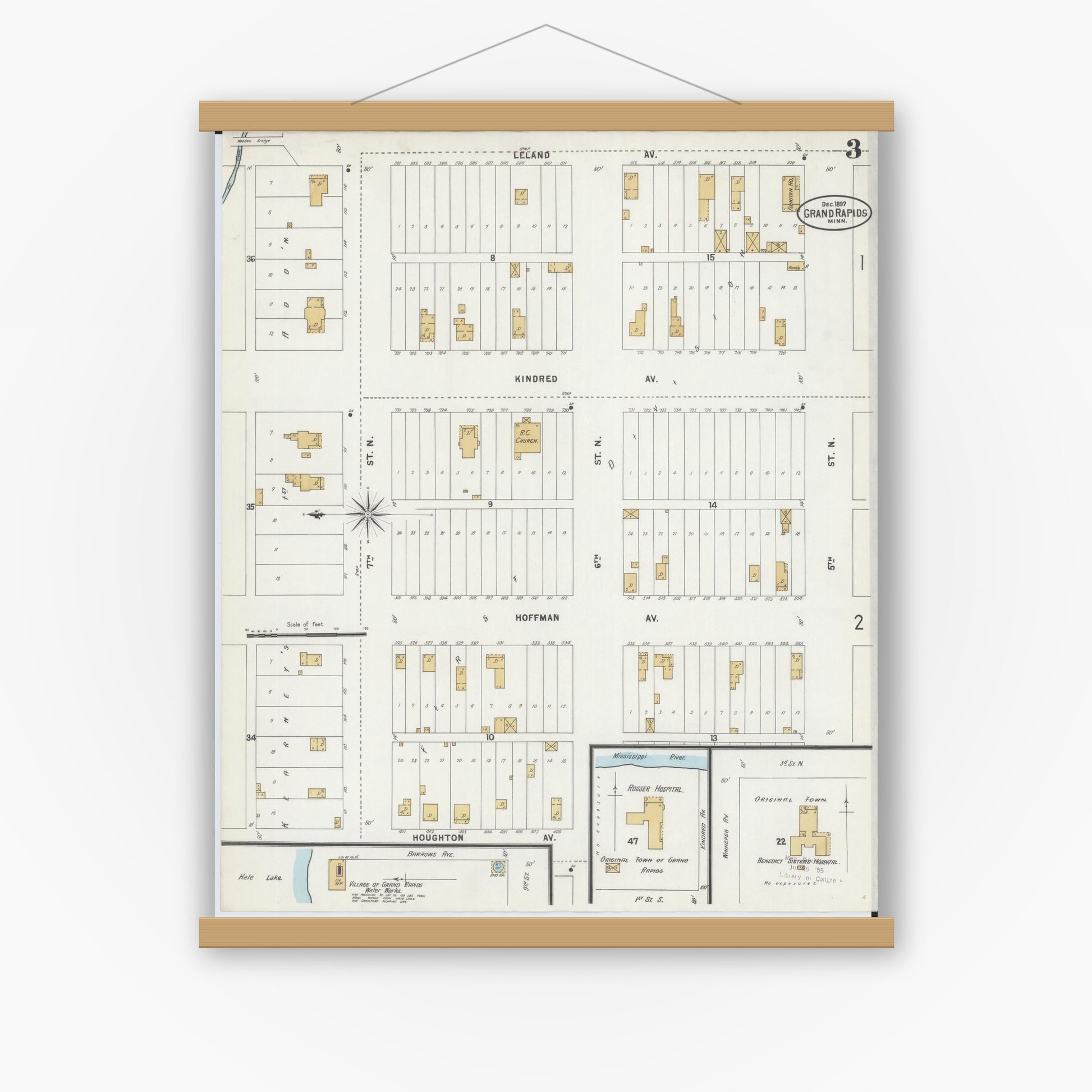 Old map wall art mockup — magnetic wood frame on white wall — Sanborn Fire Insurance Map from Grand Rapids, Itasca County, Minnesota (1897), Sheet #0003