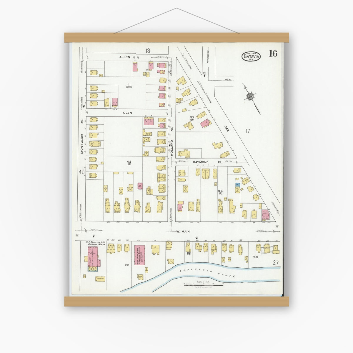 Old map wall art mockup — magnetic wood frame on white wall — Sanborn Fire Insurance Map from Batavia, Genesee County, New York (1919), Sheet #0016