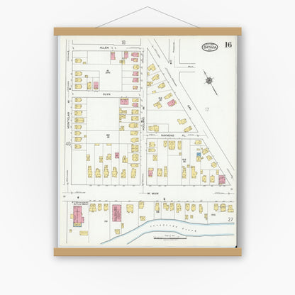 Old map wall art mockup — magnetic wood frame on white wall — Sanborn Fire Insurance Map from Batavia, Genesee County, New York (1919), Sheet #0016