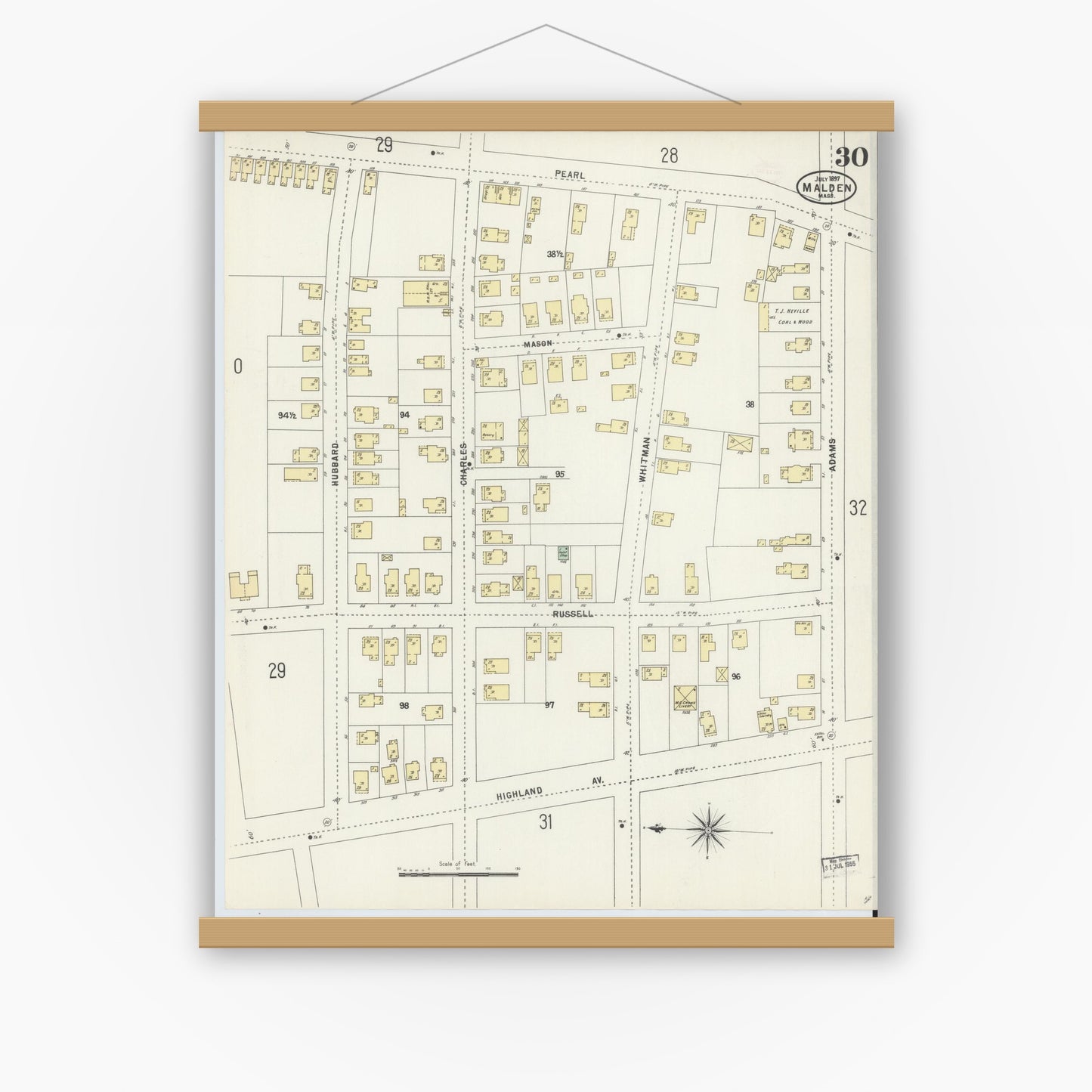 Old map wall art mockup — magnetic wood frame on white wall — Sanborn Fire Insurance Map from Malden, Middlesex County, Massachusetts (1897), Sheet #0030