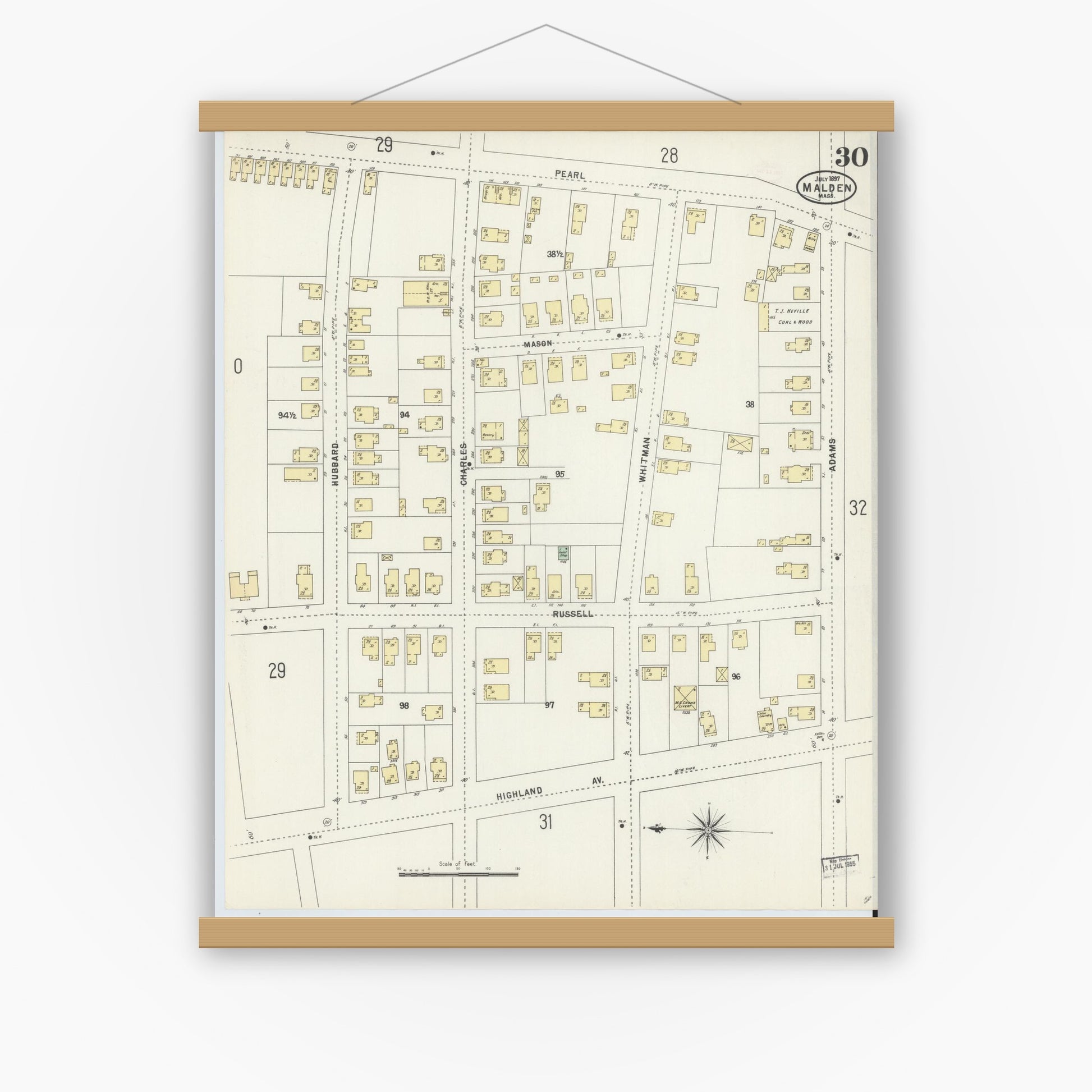 Old map wall art mockup — magnetic wood frame on white wall — Sanborn Fire Insurance Map from Malden, Middlesex County, Massachusetts (1897), Sheet #0030