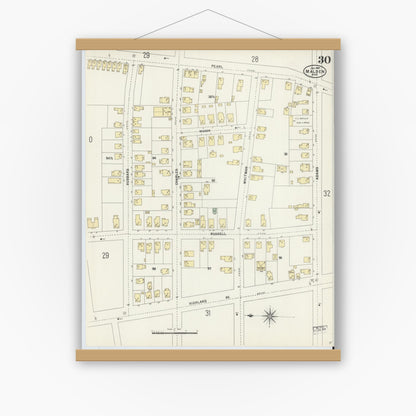 Old map wall art mockup — magnetic wood frame on white wall — Sanborn Fire Insurance Map from Malden, Middlesex County, Massachusetts (1897), Sheet #0030