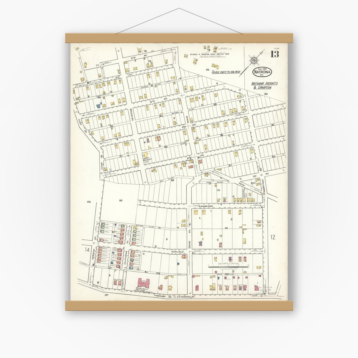 Old map wall art mockup — magnetic wood frame on white wall — Sanborn Fire Insurance Map from Natrona, Allegheny County, Pennsylvania (1921), Sheet #0013