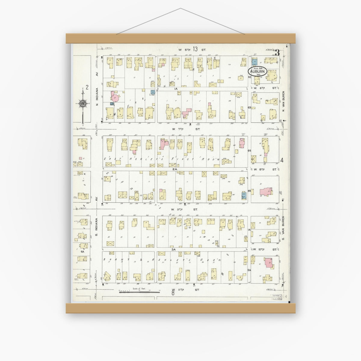 Old map wall art mockup — magnetic wood frame on white wall — Sanborn Fire Insurance Map from Auburn, De Kalb County, Indiana (1914), Sheet #0003