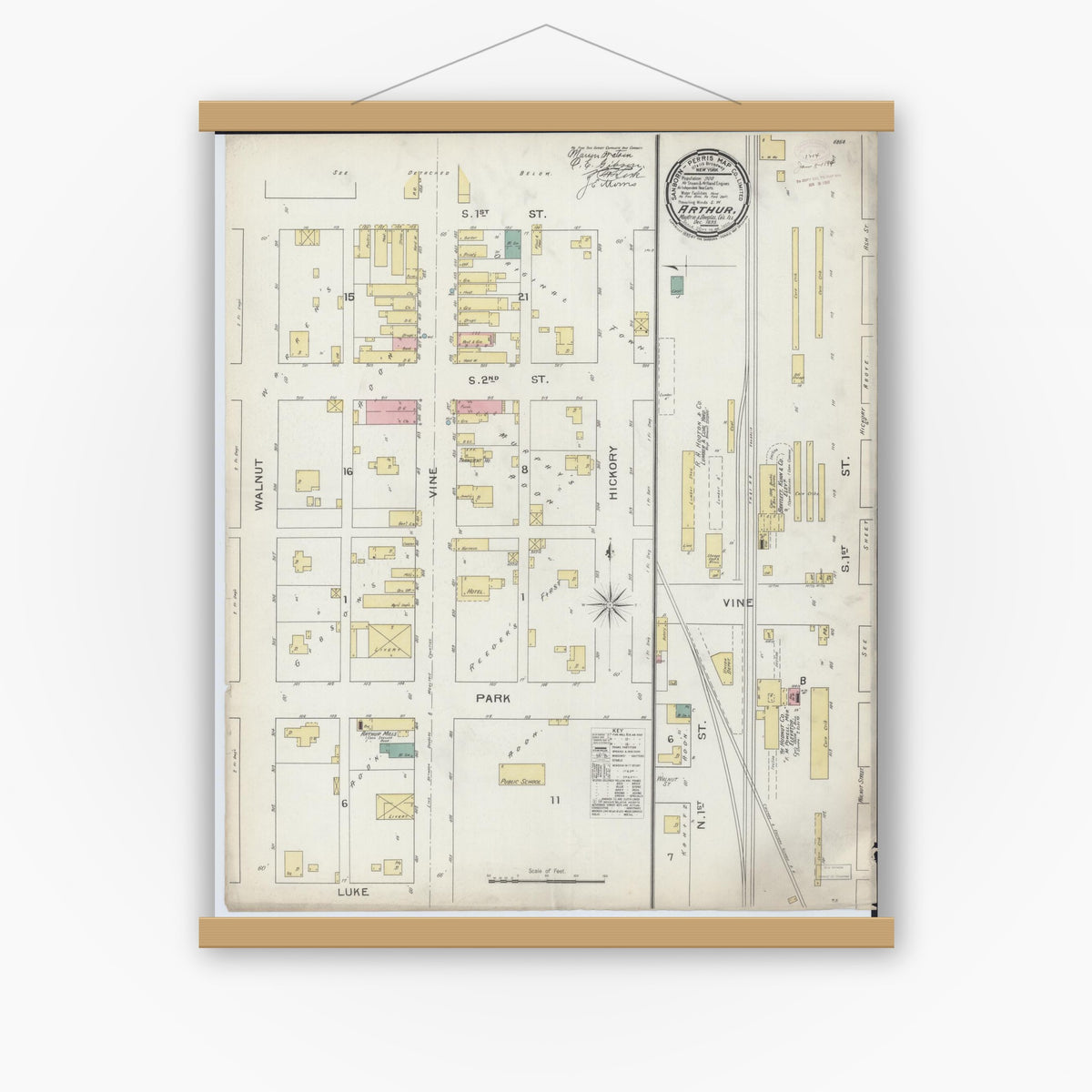Old map wall art mockup — magnetic wood frame on white wall — Sanborn Fire Insurance Map from Arthur, Moultrie And Douglas Counties, Illinois (1893), Sheet #0001