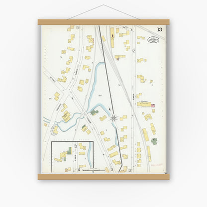 Old map wall art mockup — magnetic wood frame on white wall — Sanborn Fire Insurance Map from Gardner, Worcester County, Massachusetts (1900), Sheet #0013