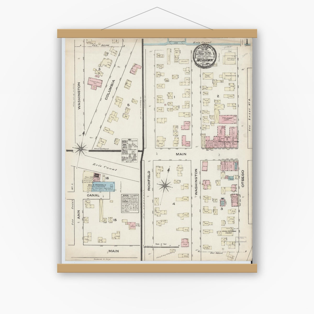Old map wall art mockup — magnetic wood frame on white wall — Sanborn Fire Insurance Map from Mohawk, Herkimer County, New York (1884), Sheet #0001