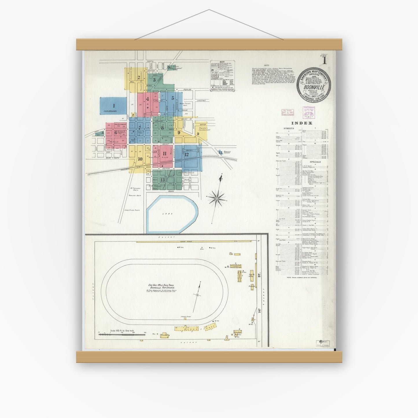 Old map wall art mockup — magnetic wood frame on white wall — Sanborn Fire Insurance Map from Boonville, Warrick County, Indiana (1907) - Complete Map Set
