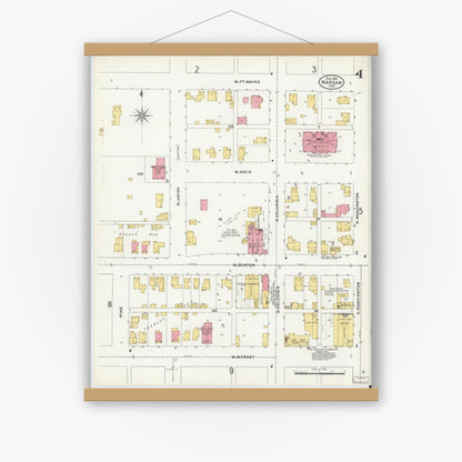 Old map wall art mockup — magnetic wood frame on white wall — Sanborn Fire Insurance Map from Warsaw, Kosciusko County, Indiana (1905), Sheet #0004