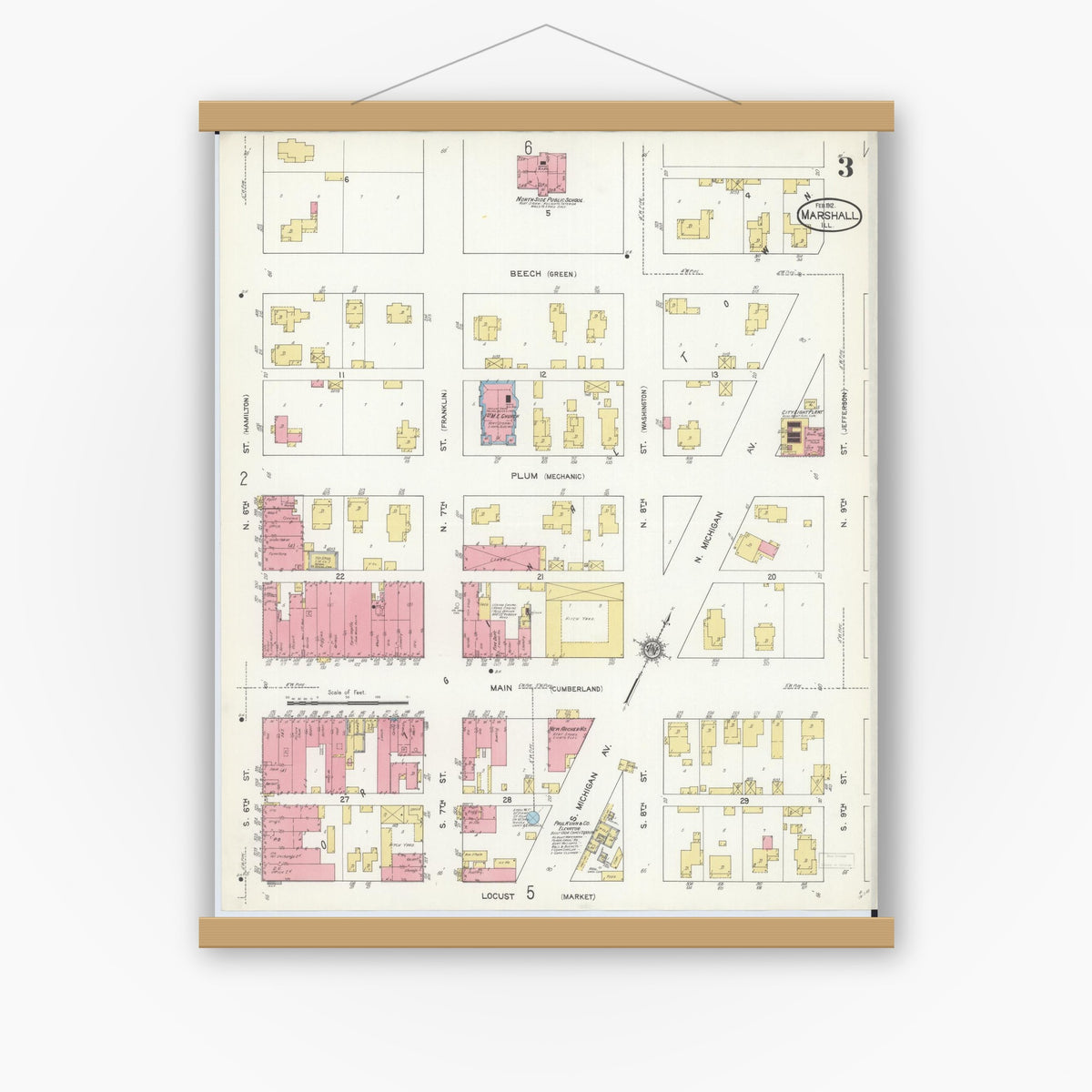 Old map wall art mockup — magnetic wood frame on white wall — Sanborn Fire Insurance Map from Marshall, Clark County, Illinois (1912), Sheet #0003