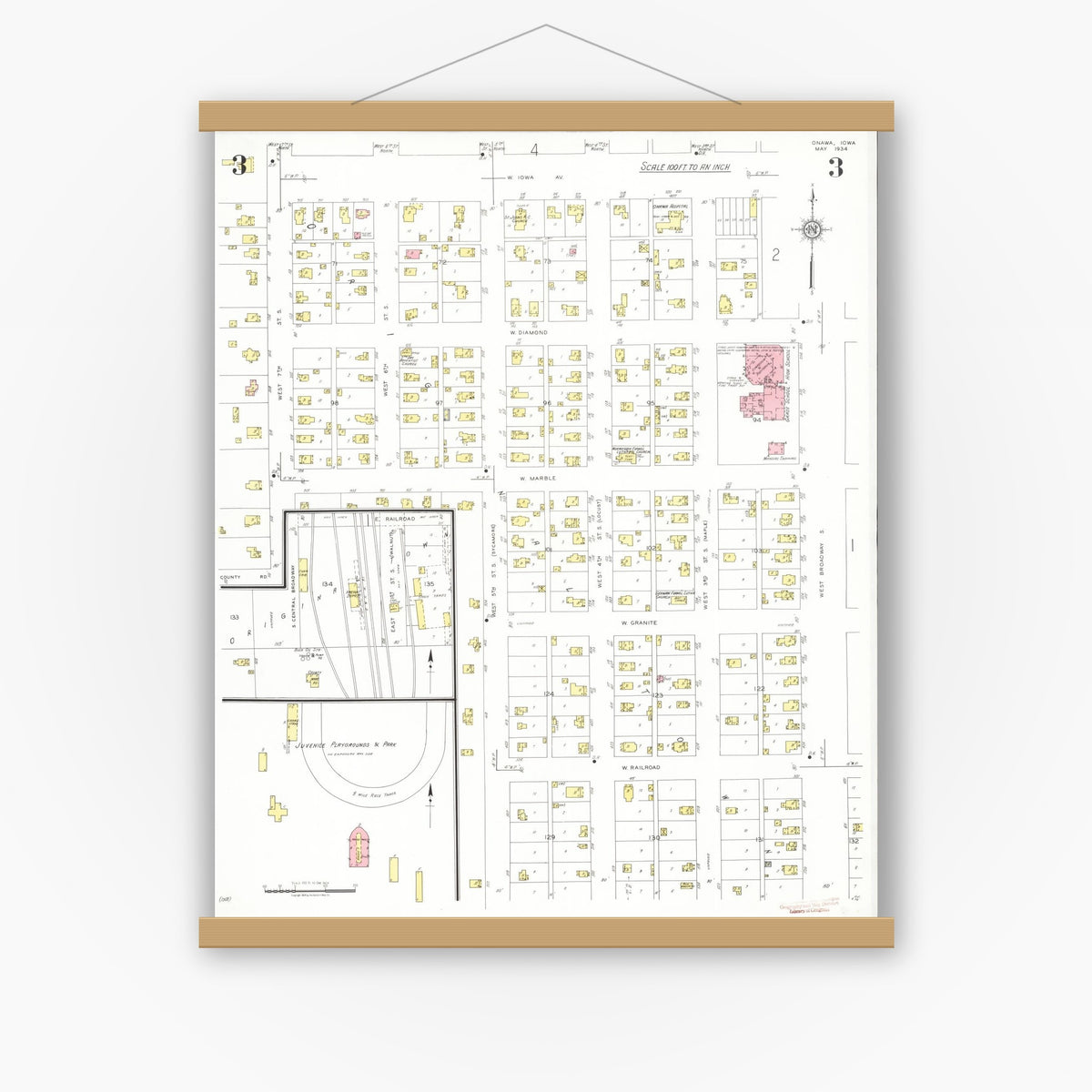 Old map wall art mockup — magnetic wood frame on white wall — Sanborn Fire Insurance Map from Onawa, Monona County, Iowa (1934), Sheet #0003