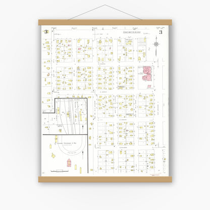 Old map wall art mockup — magnetic wood frame on white wall — Sanborn Fire Insurance Map from Onawa, Monona County, Iowa (1934), Sheet #0003