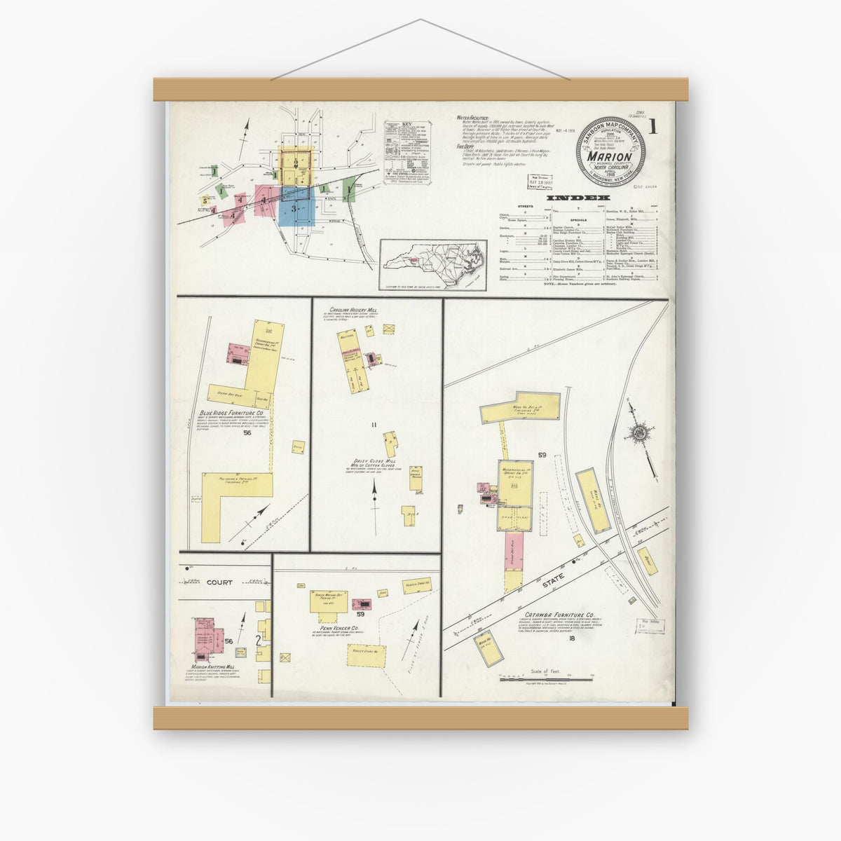 Old map wall art mockup — magnetic wood frame on white wall — Sanborn Fire Insurance Map from Marion, Mcdowell County, North Carolina (1918) - Complete Map Set
