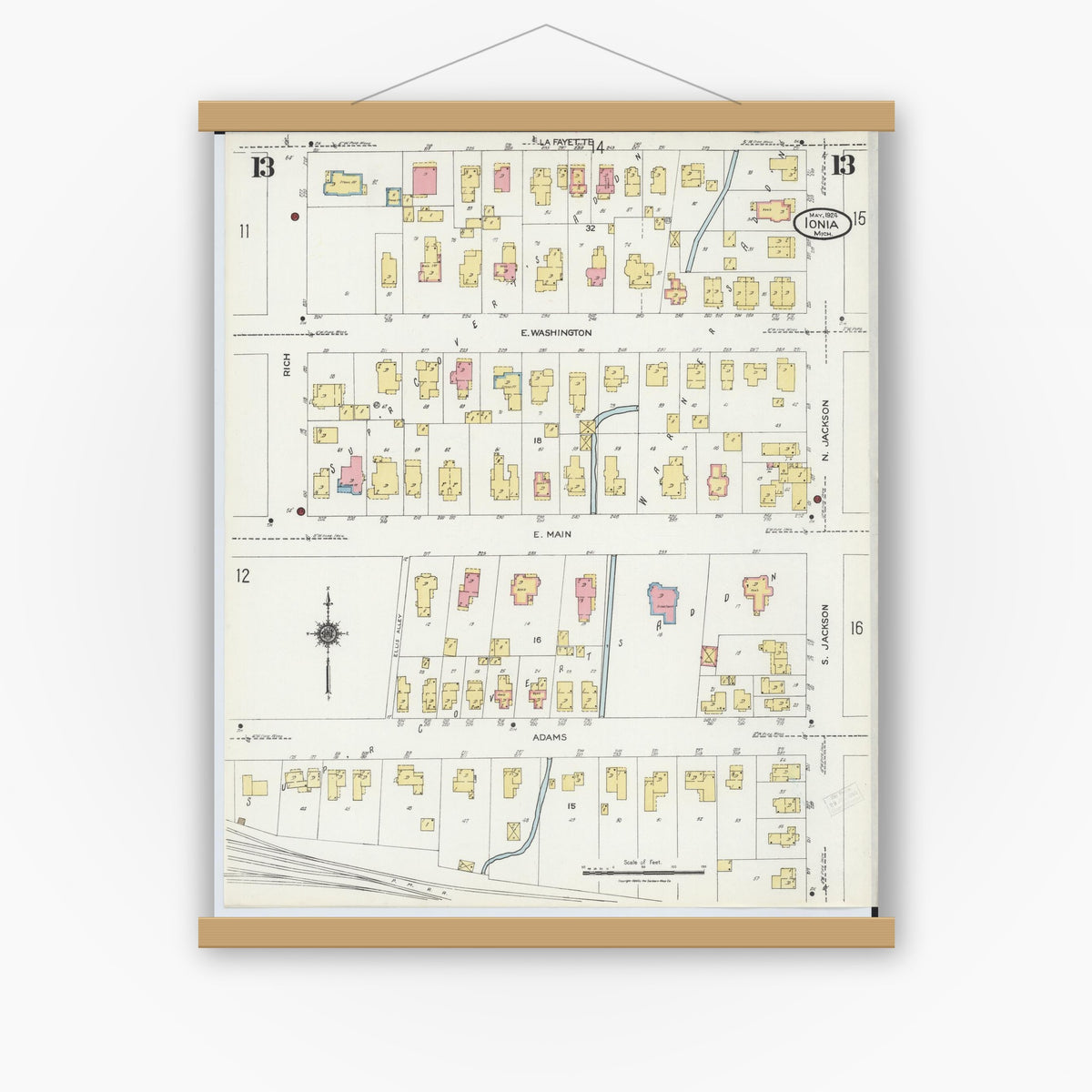 Old map wall art mockup — magnetic wood frame on white wall — Sanborn Fire Insurance Map from Ionia, Ionia County, Michigan (1924), Sheet #0013