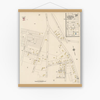 Old map wall art mockup — magnetic wood frame on white wall — Sanborn Fire Insurance Map from Leominster, Worcester County, Massachusetts (1922), Sheet #0013