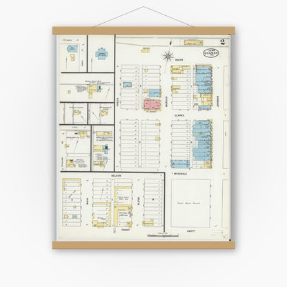 Old map wall art mockup — magnetic wood frame on white wall — Sanborn Fire Insurance Map from Quanah, Hardeman County, Texas (1898), Sheet #0002