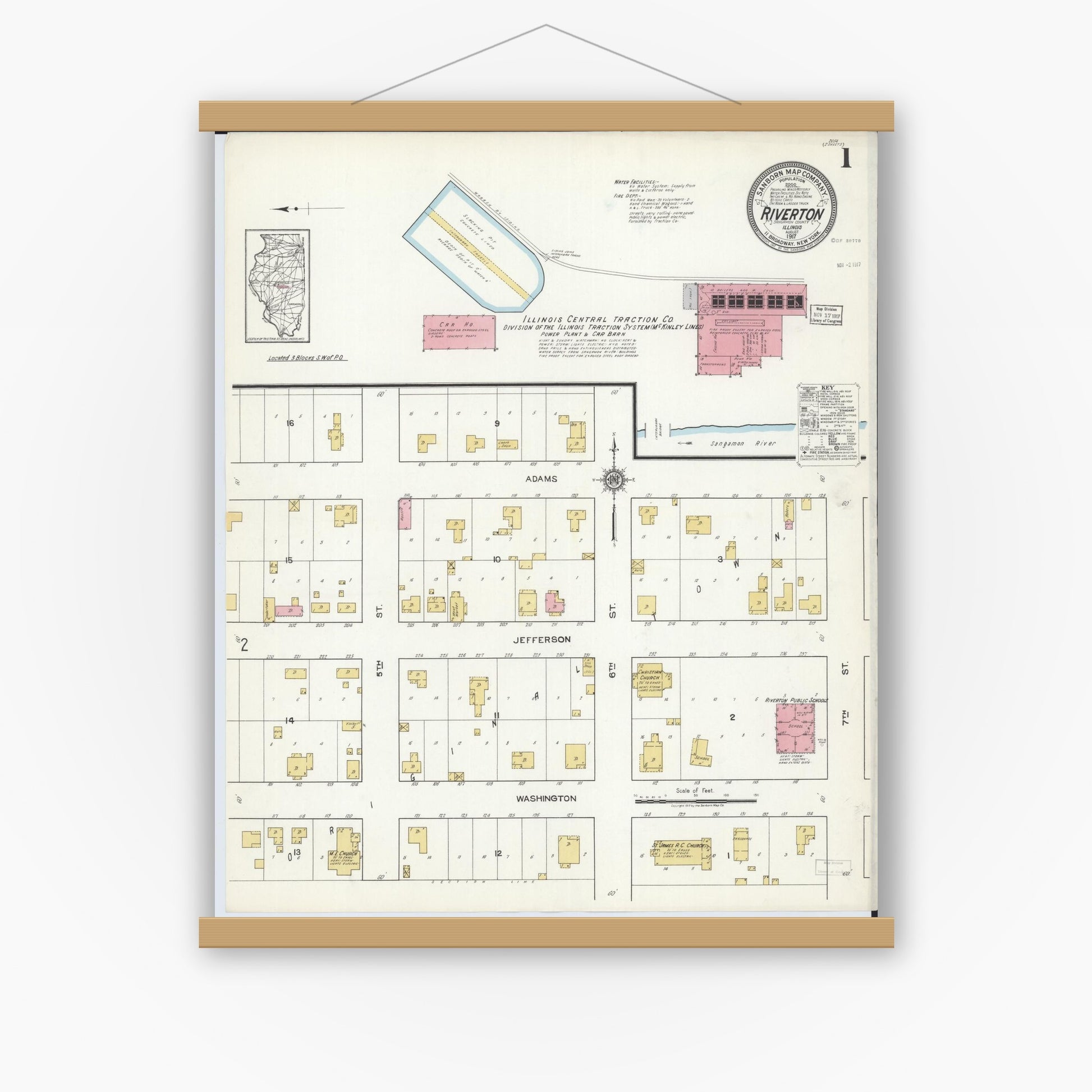 Old map wall art mockup — magnetic wood frame on white wall — Sanborn Fire Insurance Map from Riverton, Sangamon County, Illinois (1917), Sheet #0001