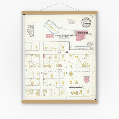 Old map wall art mockup — magnetic wood frame on white wall — Sanborn Fire Insurance Map from Riverton, Sangamon County, Illinois (1917), Sheet #0001