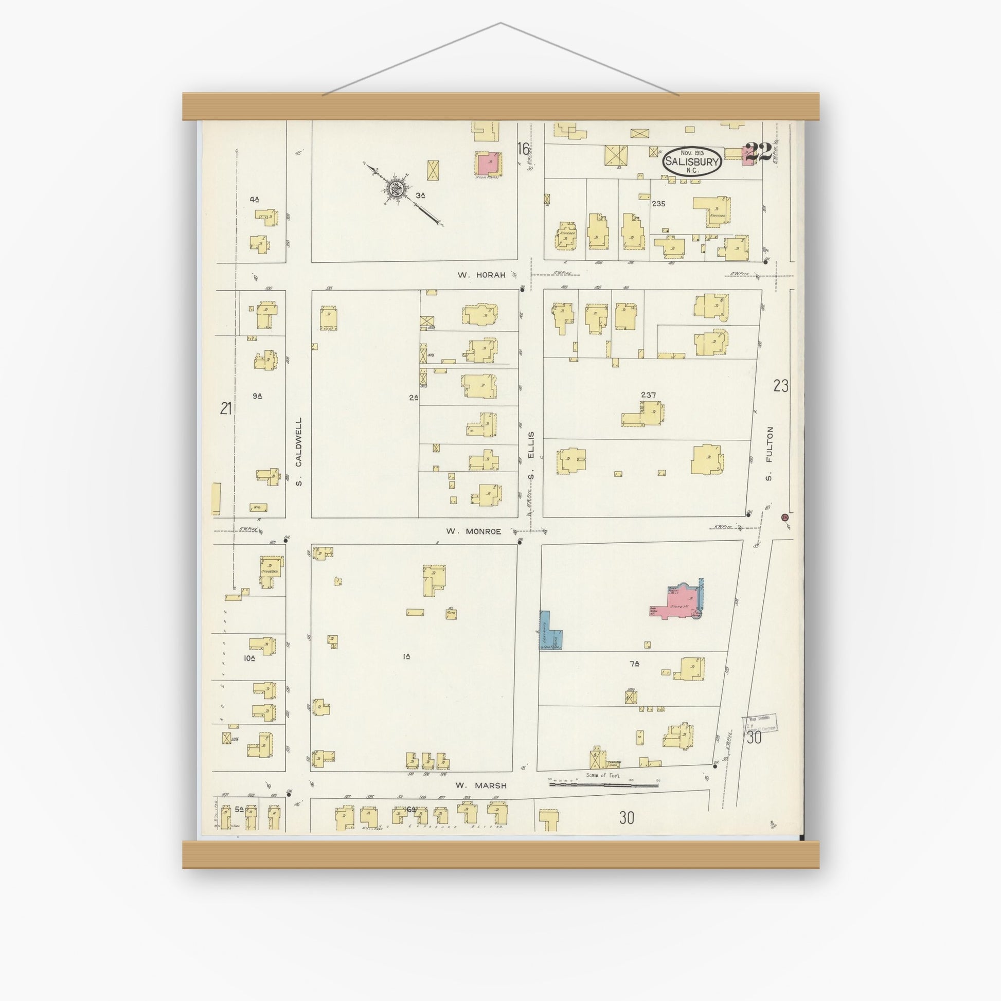 Old map wall art mockup — magnetic wood frame on white wall — Sanborn Fire Insurance Map from Salisbury, Rowan County, North Carolina (1913), Sheet #0022
