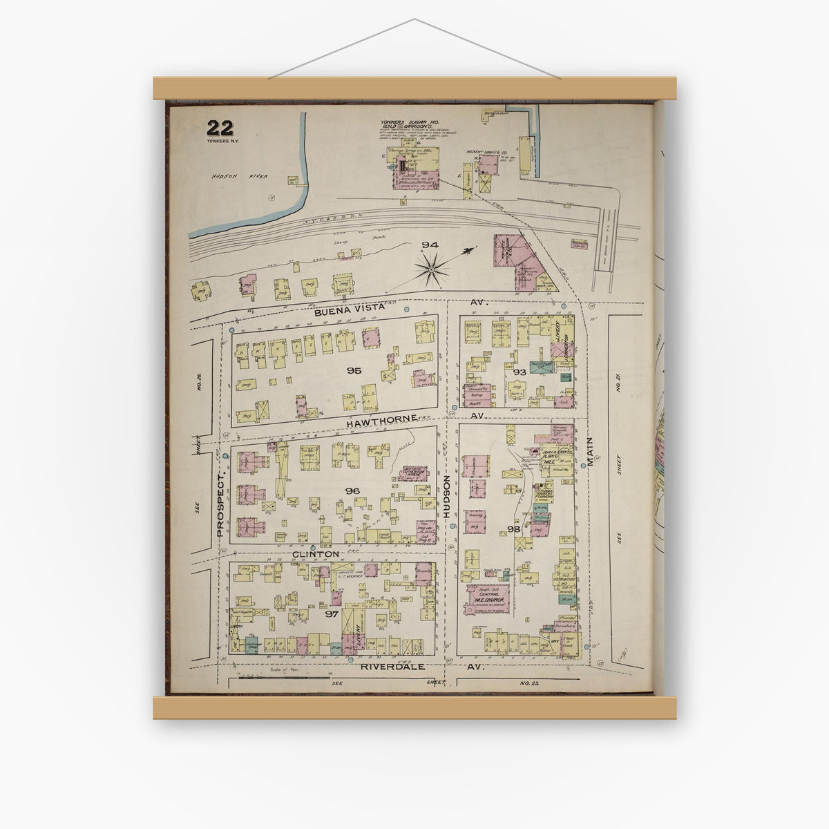 Old map wall art mockup — magnetic wood frame on white wall — Sanborn Fire Insurance Map from Yonkers, Westchester County, New York (1886), Sheet #0022