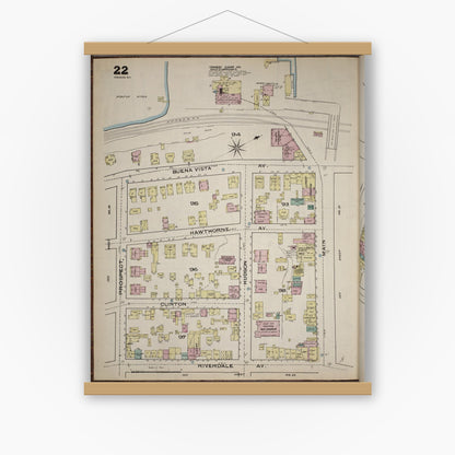 Old map wall art mockup — magnetic wood frame on white wall — Sanborn Fire Insurance Map from Yonkers, Westchester County, New York (1886), Sheet #0022