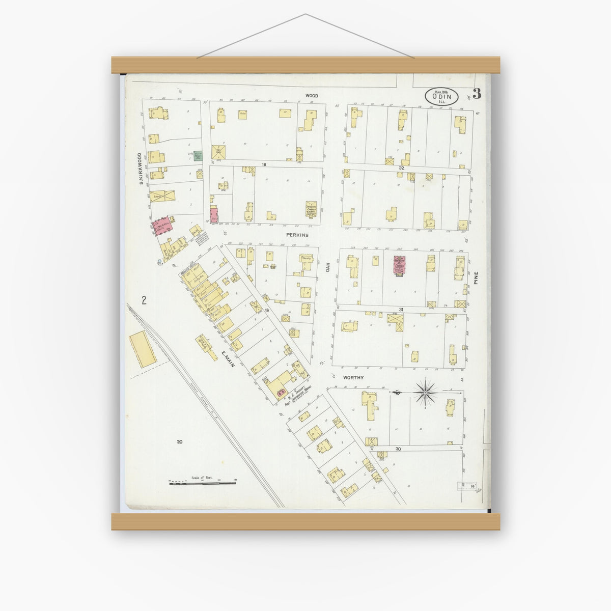 Old map wall art mockup — magnetic wood frame on white wall — Sanborn Fire Insurance Map from Odin, Marion County, Illinois (1906), Sheet #0003
