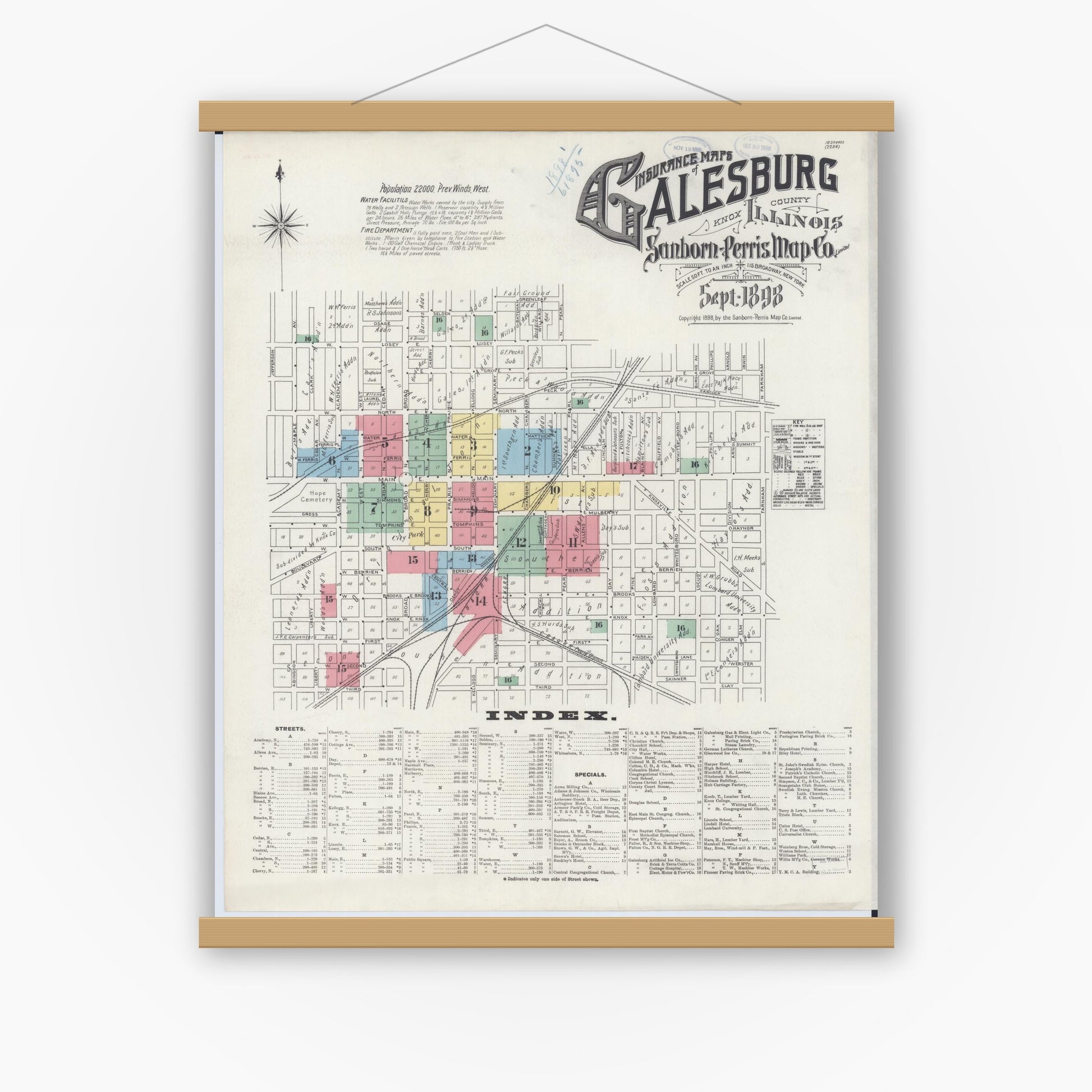 Old map wall art mockup — magnetic wood frame on white wall — Sanborn Fire Insurance Map from Galesburg, Knox County, Illinois (1898), Sheet #0001