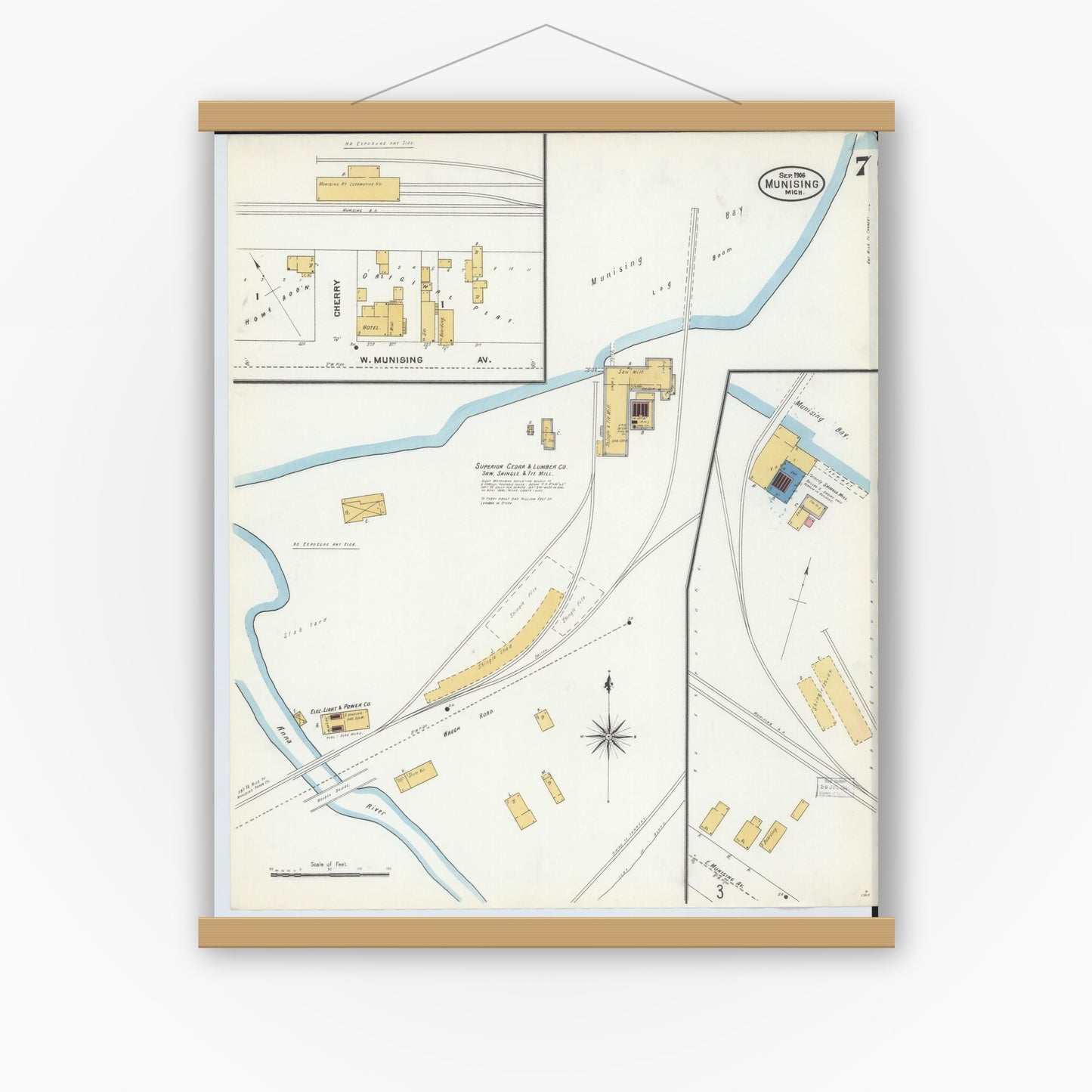 Old map wall art mockup — magnetic wood frame on white wall — Sanborn Fire Insurance Map from Munising, Alger County, Michigan (1906), Sheet #0007