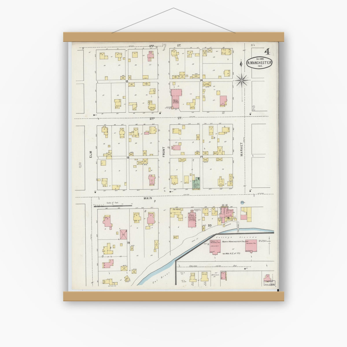 Old map wall art mockup — magnetic wood frame on white wall — Sanborn Fire Insurance Map from North Manchester, Wabash County, Indiana (1895), Sheet #0004