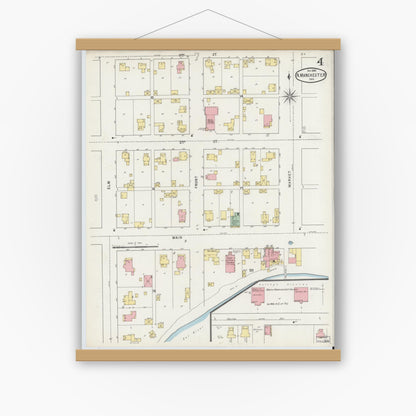 Old map wall art mockup — magnetic wood frame on white wall — Sanborn Fire Insurance Map from North Manchester, Wabash County, Indiana (1895), Sheet #0004