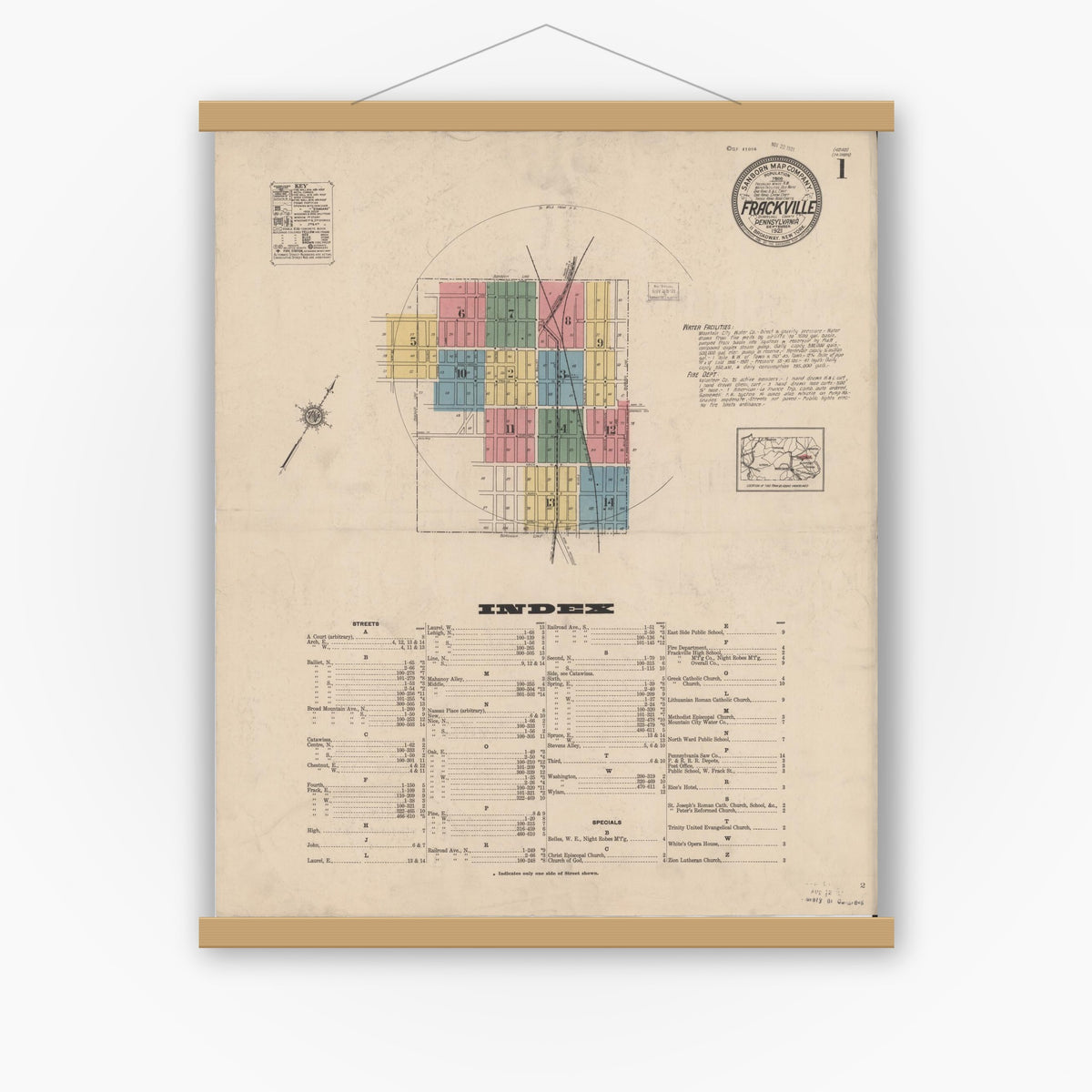 Old map wall art mockup — magnetic wood frame on white wall — Sanborn Fire Insurance Map from Frackville, Schuylkill County, Pennsylvania (1921) - Complete Map Set