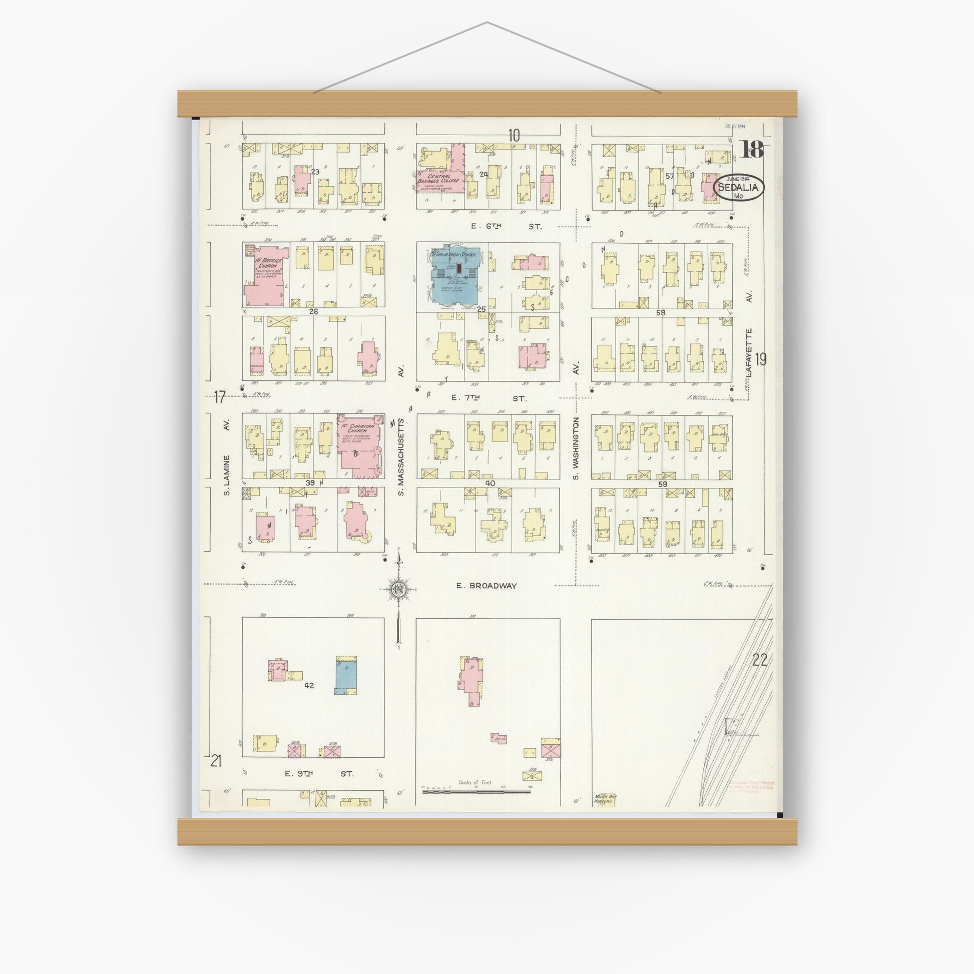 Old map wall art mockup — magnetic wood frame on white wall — Sanborn Fire Insurance Map from Sedalia, Pettis County, Missouri (1914), Sheet #0018