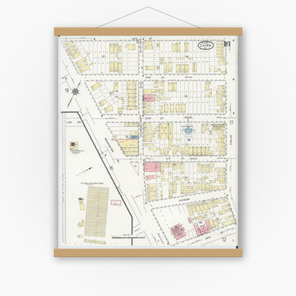 Old map wall art mockup — magnetic wood frame on white wall — Sanborn Fire Insurance Map from Cairo, Alexander County, Illinois (1914), Sheet #0016