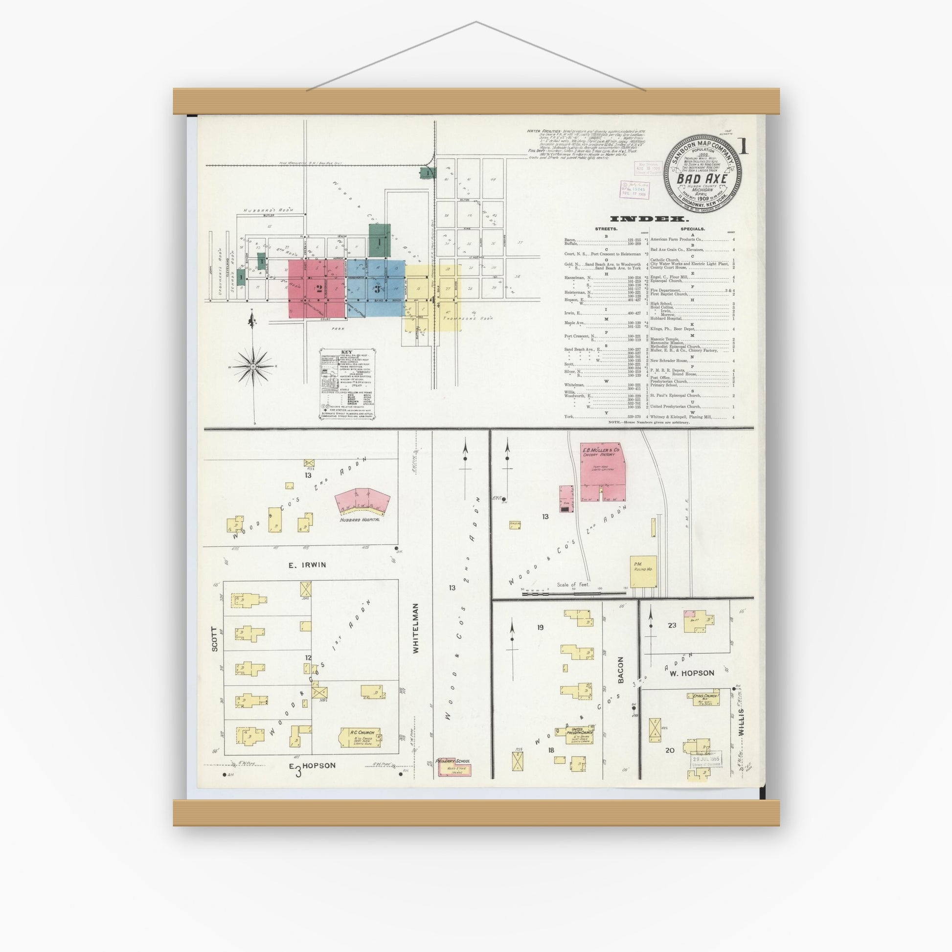 Old map wall art mockup — magnetic wood frame on white wall — Sanborn Fire Insurance Map from Bad Axe, Huron County, Michigan (1909) - Complete Map Set