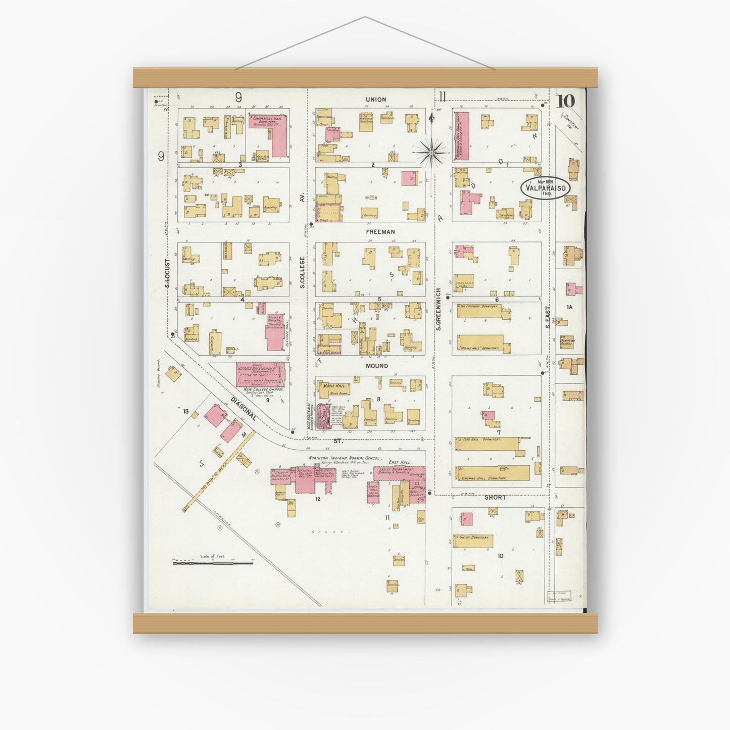Old map wall art mockup — magnetic wood frame on white wall — Sanborn Fire Insurance Map from Valparaiso, Porter County, Indiana (1899), Sheet #0010